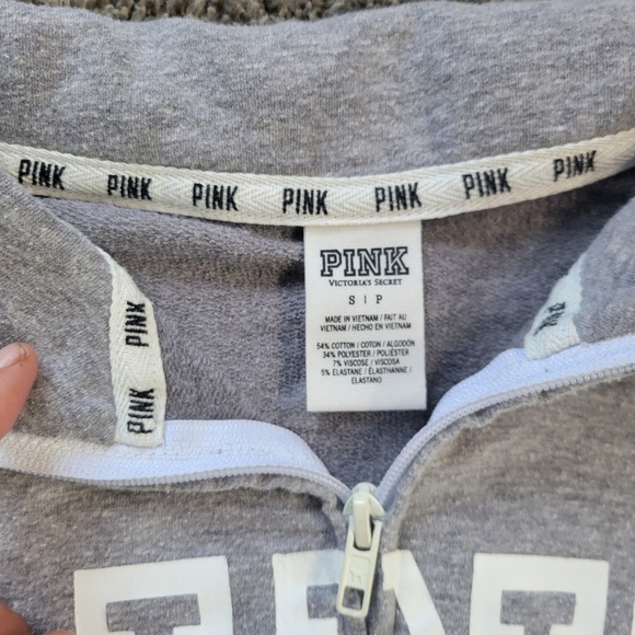 PINK Logo Three-Quarter Zip Up Pull Over Collar Size Gray White Small - Picture 6 of 11